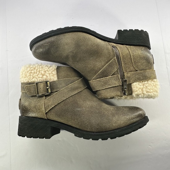 UGG Women's 7.5 Shearling Lined Suede Ankle Boots Brown Buckle Strap Zip Booties - Picture 7 of 12